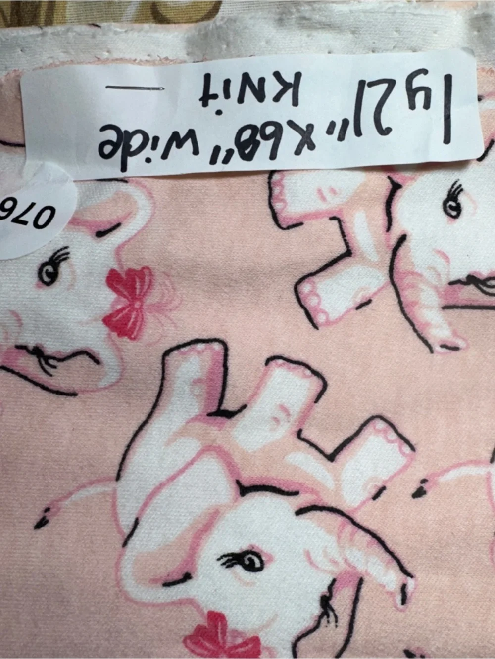 Hand Crafted Pink and White Elephant knit Fabric 57” x 68” wide #760